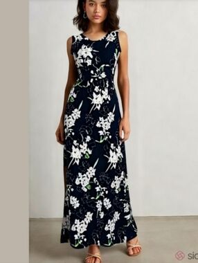 AUSELILY Blue Navy Garden Floral Maxi Soft Stretchy Modest Pocket Summer Dress